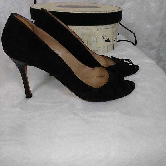 🎯 Manolo Blahnik Brown Suede Peep Toe Pump - Picture 2 of 7